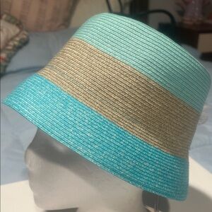 Striped Straw Bucket Hat in Aqua, Teal & Tan